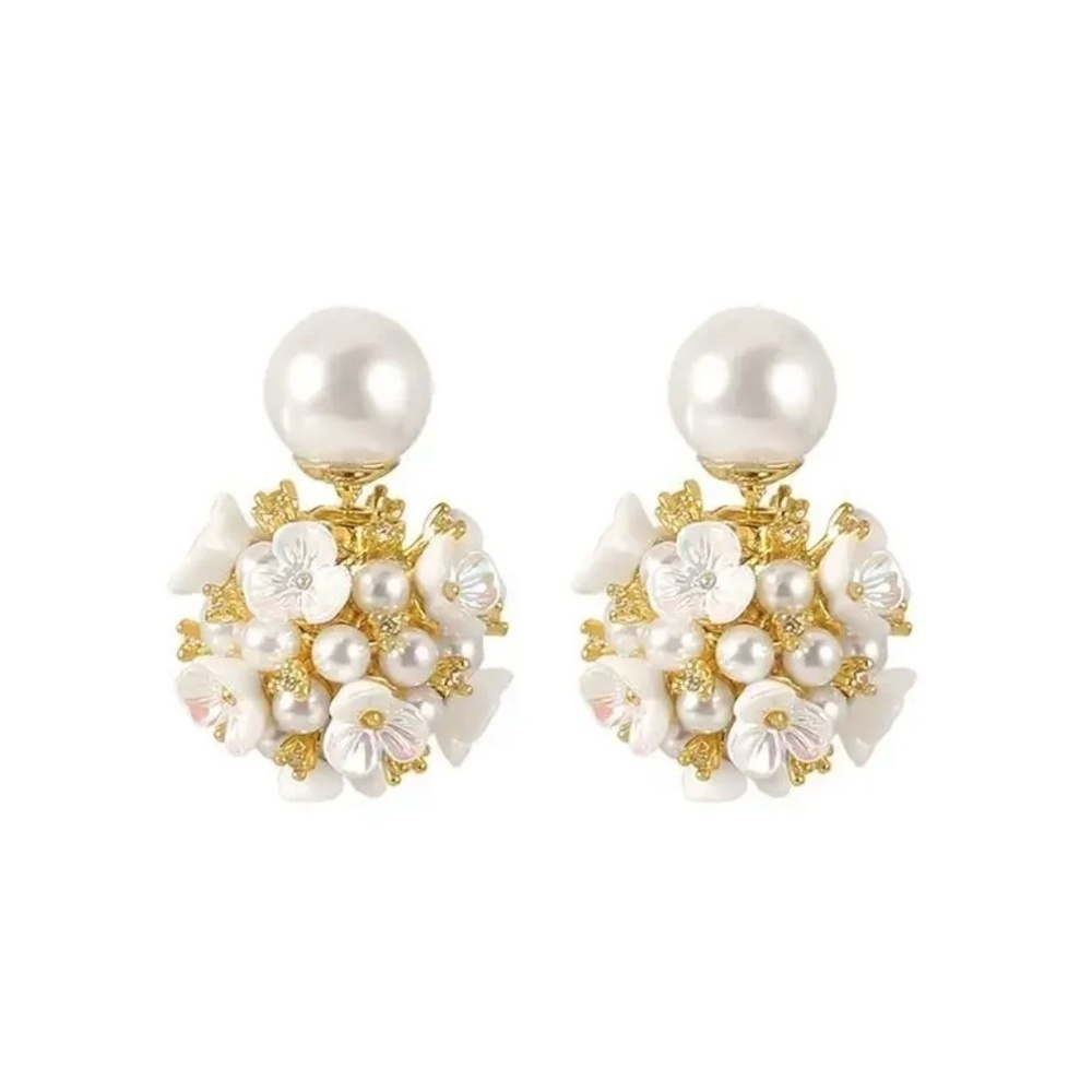 Floral Cluster Pearl Earrings – 8mm Stud with 18mm Drop – Gold-Tone with White B
